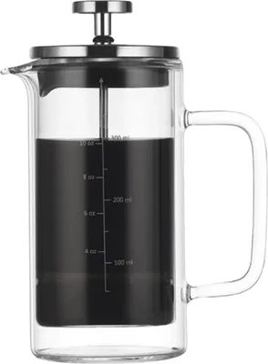 A French press coffee maker filled with dark liquid, shown against a white background.