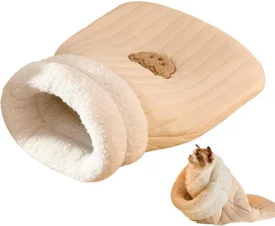 Produktbild von Katzen Schlafsack - Katzenbett - Weich und waschbar - Süßes Bärenmuster - Geeignet für Katzen und kleine Haustiere