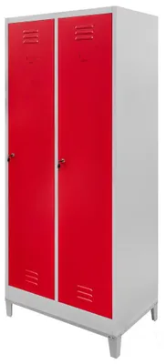 Zdjęcie produktu dla Szafa szafka ubraniowa BHP socjalna metalowa Mega-M J-80 na podstawie z nóżkami dwudrzwiowa z przegrodami szara/czerwony front 80x50x190 cm skręcana