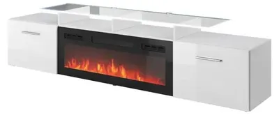 Produktbild von Cama RTV-Schrank ROVA mit Elektrokamin 190x37x48 weiß/weißglänzend, Weiß, Partikelbord, Weiß, Partikelbord, Laminat, Matt