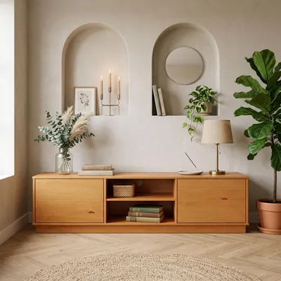 Produktbild von Lowboard MAITE 170 cm aus Massivholz, Eiche Finish - TV Board mit Kabelauslass, Kommode mit offenen Mittelfach, Wohnzimmermöbel mit Push-to-Open Funktion