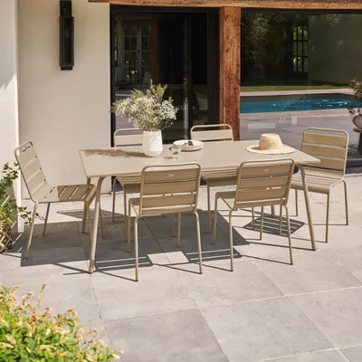 Produktbild von Gartentisch und 6 Metallstühle Taupe - Oviala Palavas