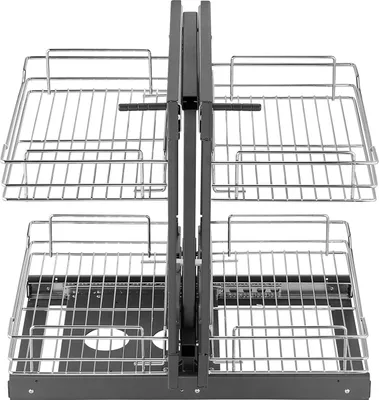 A two-tiered wire storage basket organizer for a kitchen cabinet.