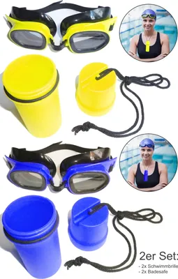 Produktbild von 2 Schwimmbrillen im Set inklusive 2 wasserdichte Badesafes für Schlüssel, Kleingeld, etc... Farbe: Blau und Gelb