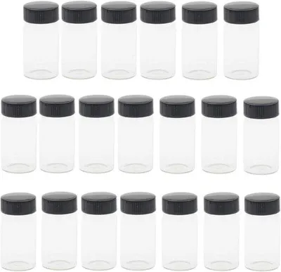 Produktbild von 20 Stück klare Glasflaschen, 20 ml, mit schwarzem Schraubverschluss – transparente Laborflaschen zur Aufbewahrung und zum Versand