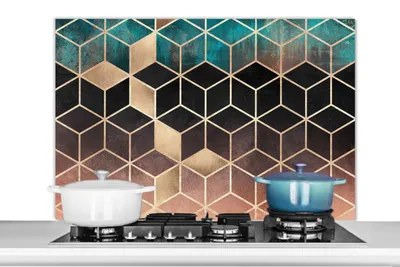 Produktbild von KitchenYeah®  Spritzschutz Küche - Küchenrückwand - Wandschutz für Herd und Spüle - Abstrakt - Würfel - Gold - Muster - Luxus 100x65 - Alu-Dibond (Alternative zum Spritzschutz aus Glas) - Hitzebeständ