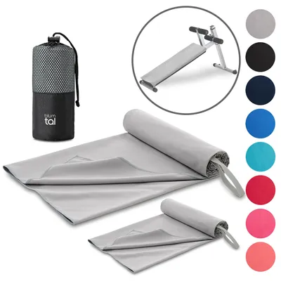 Produktbild von Blumtal Fitness Handtuch im 2er Set - Microfaser Sporthandtuch Fitnessstudio 180x90cm + Mikrofaser Handtuch 80x40cm - Gym Handtuch/Handtuch Mikrofaser - Grau