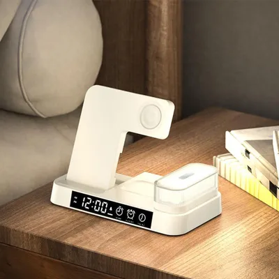 Produktbild von 4-in-1 Wireless Schnellladegerät Alarm Clock RGB Nachtlicht Ladestation für Watch Phone White IOS