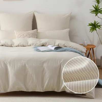 Produktbild von Bettwäsche-Set 155x220 cm Baumwolle Gestreift Beige Leinenoptik 2-teilig