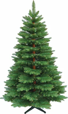 A full shot of a green artificial Christmas tree on a white background.