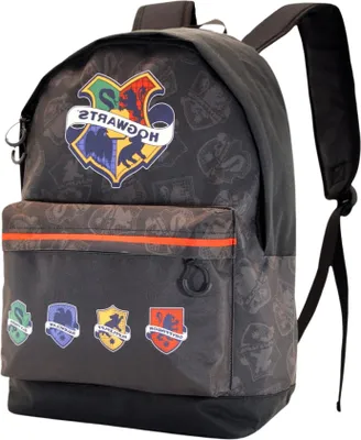 A Harry Potter themed backpack with various crests and logos.