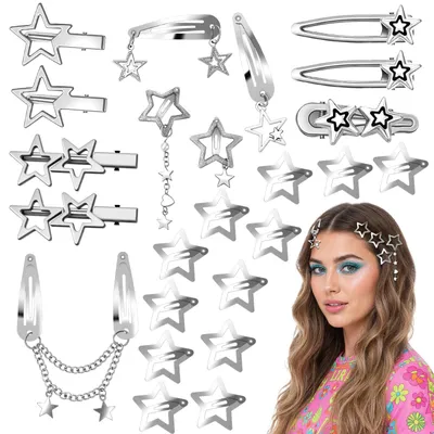 Produktbild von 24 silberne Sternhaarspangen, Y2K-Haarspangen, Metallhaarspangen für Mädchen und Frauen, 10 verschiedene Formen, für den täglichen Gebrauch, Partys und Festivals.
