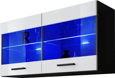 Produktbild von Komodee | Vitrine Schrank mit 2 Türen Savona, Korpus Schwarz Matt Frontfarbe Weiß Hochglanz