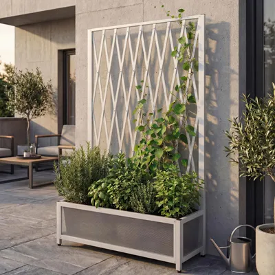 Image de Treillis en aluminium HWC-G21, treillis à ciseaux, support pour jardinières et bacs à fleurs, acier 152 x 90 x 35 cm ~ blanc