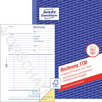 Produktbild von Avery Zweckform 1730, Rechnung, A5, selbstdurchschreibend, 2x40 Blatt