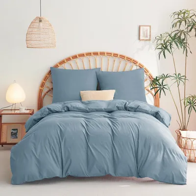 Immagine prodotto di TRANKIELO® - Set copripiumino 155x220 cm - 3 pezzi - Microfibra - Blu minerale - Include federe 80x80 cm