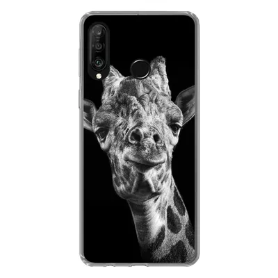 Produktbild von MuchoWow® Handyhülle Schutzhülle Hülle für Huawei P30 Lite Giraffe vor schwarzem Hintergrund in schwarz und weiß Silikon Softcase Handy Hülle - Handyhülle