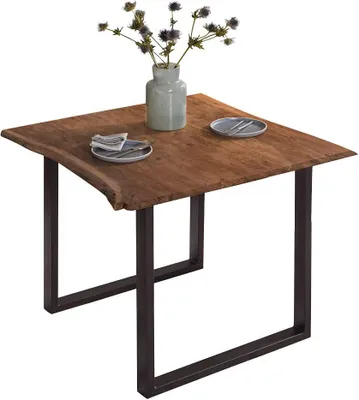 Produktbild von Esszimmertisch 80x80 cm Billy, echte Baumkante, Esstisch aus Akazienholz massiv + nussbaumfarben, Baumkantentisch mit U-Gestell Schwarz
