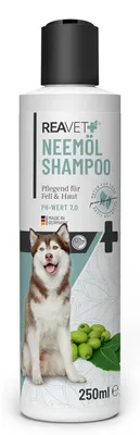 Produktbild von REAVET Neemöl Shampoo für Hunde 250ml - Hundeshampoo gegen Juckreiz, Milben, Flöhe, Zecken, Hautfreundlich, Pflegend & leicht kämmbar, Fellpflege & Fellglanz, Angenehm im Geruch