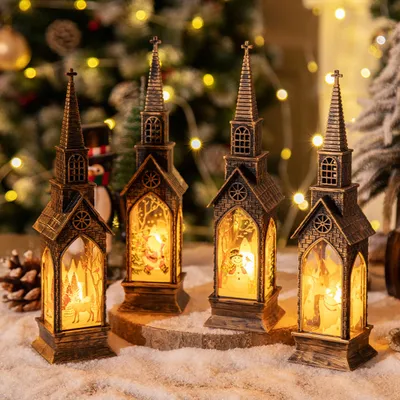 Produktbild von 4 Stück Weihnachtsdekoration mit Beleuchtung Batteriebetrieben Kirche,LED Tischlampe Nachtlicht Weihnachtsbeleuchtung Heimdekoration(4 Muster)