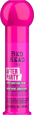 A bright pink bottle of Tigi Bed Head After Party Super Smoothing Cream against a white background.