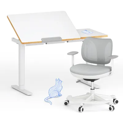 Produktbild von FLEXISPOT Kinderschreibtisch und Stuhl Set, Elektrisch höhenverstellbar, Neigbare Tischplatte, 3 Speicherplätze, Kindersicherung, 110x52 cm
