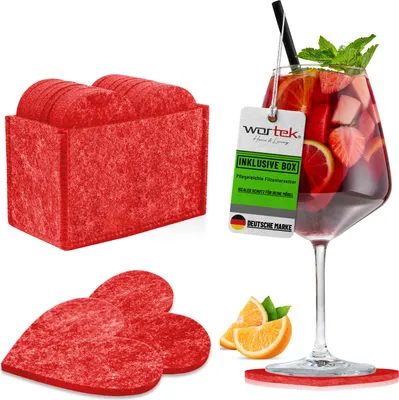 Produktbild von wortek Filz Untersetzer - Deko Tischset + Aufbewahrungsbox I für Gläser & Tisch, 10er Set I 10cm I Herz, Rot