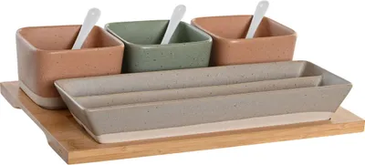 Immagine prodotto di Set per tartine DKD Home Decor 26 x 9 x 4 cm porcellana colorata bambù 8 pezzi Scandinavo