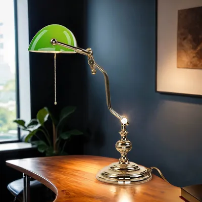 Produktbild von Bankerlampe 38 cm E27 Grün Gold aus Glas Messing Jugendstil Bankerleuchte