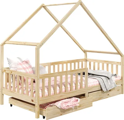 Produktbild von Hausbett ALVA aus Kiefer Massivholz, natur - Kinderbett mit Dach, Tipibett mit Schubladen, Kinderzimmer Bett, Bodennahes Bett Montessori, ideal für Dachschrägen
