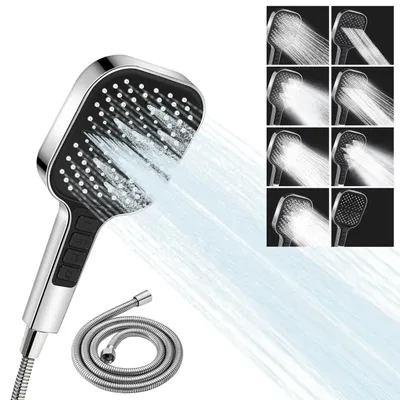 Produktbild von Duschkopf mit Schlauch 7 Strahlarten Handbrause Silber G1/2 Zoll