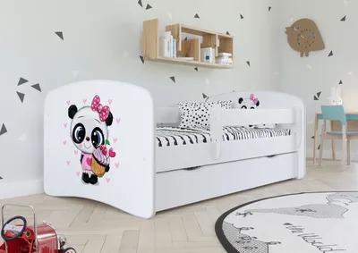 Produktbild von Kinderbett Jugendbett 70x140 cm Weiß mit Rausfallschutz Schublade und Lattenrost Kinderbetten für Mädchen und Junge - Panda