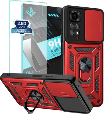 Produktbild von Armor Handyhülle für Xiaomi Redmi Note 11 Pro mit 9H Displayglas Displayschutz Kameraschutz Handy Panzer Case Cover Schutzhülle Outdoor Farbe: Rot