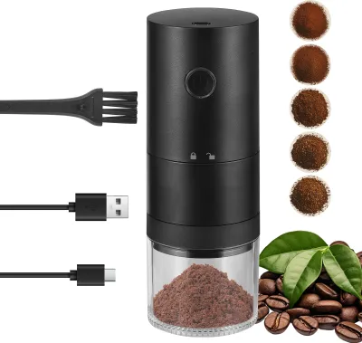 Obrázok produktu pre Prenosný mlynček na kávu s 38 nastaveniami mletia a kontrolkou, 5-nožovým keramickým kužeľovým mlecím mechanizmom, spúšťaním jedným tlačidlom a automatickým vypnutím, prenosný elektrický mlynček na espresso s dobíjateľnou batériou, 120 ml priehľadnou, vyberateľnou nádobou na mletú kávu