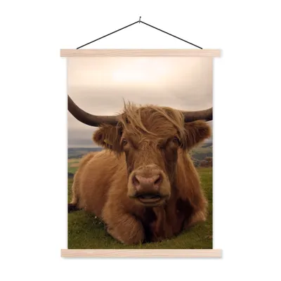 Produktbild von MuchoWow® Textilposter Schottischer Highlander - Tiere - Berg 40x53 cm mit holzfarbenen Rahmen - Schlafzimmer
