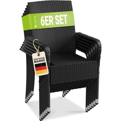 Produktbild von Juskys Polyrattan Gartenstühle Yoro 6er Set - mit Armlehnen & Rückenlehne - 6 Stühle stapelbar - Rattan Stuhl Garten - Stapelstuhl Schwarz