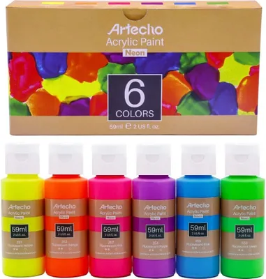 Produktbild von Artecho Acrylfarbe 6 x Neon Farben, je 59 ml Flaschen mit Klappverschluss, für Papier, Ton, Holz, Steine – zum Reisen, Malen & Freude verschenken