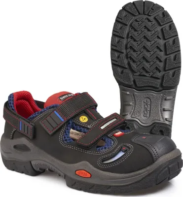 A pair of black safety sandals with red and blue accents, shown from a side-angle with the sole of one sandal displayed separately.