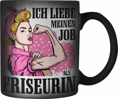 Produktbild von Trendation - Friseurin Farbwechsel Zauber-Tassen Geschenk Zubehör Geschenkideen Friseursaloneröffnung Frisörin Farbwechsel Zauber-Tasse Karabiner Farbwechsel Zauber-Tasse Edelstahl Spruch Friseur (Schwarz)