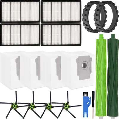 Produktbild von Ersatzteile Zubehör für iRobot Roomba S9 (9150) Plus S9+ (9550) Series Roboter Staubsauger, 1 Satz Gummibürsten für mehrere Oberflächen 4 Seitenbürsten, 4 Filter, 4 Staubbeutel, 2 Reifen