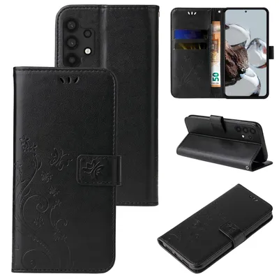 Produktbild von Handyhülle für Samsung Galaxy A32 5G Floral Blumen Schmetterling Flip Cover Hülle Case Klapphülle Handytasche Farbe: Schwarz
