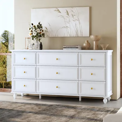Produktbild von Kommode mit 9 Schubladen Weiß 150x40x80cm, Goldene Knaufgriffe, Vintage Füße, Sideboard mit viel Stauraum, MDF
