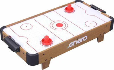 A miniature air hockey table is shown from a slightly elevated, diagonal angle against a white background.