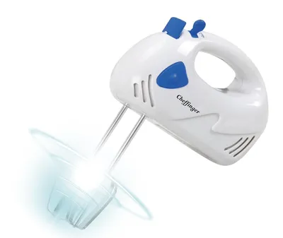 A white and blue hand mixer with glowing beaters, set against a white background.