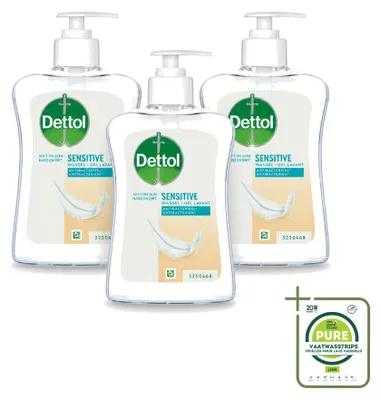 Imagen del producto de 3 unidades de jabón líquido para manos Dettol, ideal para pieles sensibles, suave y nutritivo, 250 ml, pack grande