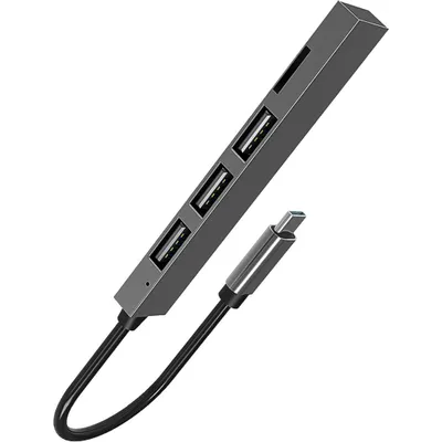 A close-up studio shot of a USB hub with multiple ports and a USB-C connector.