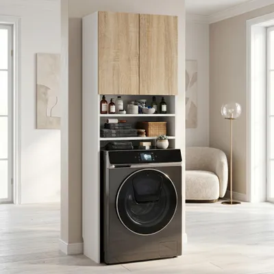 Produktbild von Badschrank Sonoma /  Weiss stehend | Schmaler Badezimmerschrank mit 4 Ablagen & Tür | Kompakter Beistellschrank für Bad & Gäste-WC | 30x30x85 cm