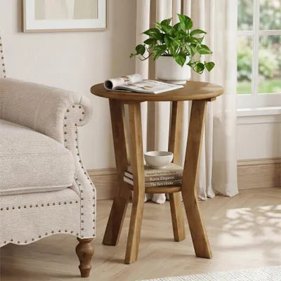 Produktbild von Tribesigns runder Beistelltisch, 48 cm Vintage-Beistelltisch, 2-stöckiger Nachttisch aus Holz für kleine Räume, Schlafzimmer, Bett, Sofa, Wohnzimmer