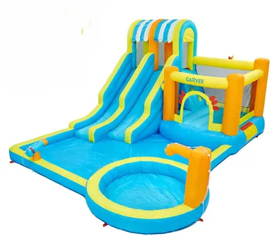 Produktbild von Aufblasbarer Wasserpark - 8-in-1 Wasserrutsche - 4,9 m Doppelrennstrecke - Kletterwand - Trampolin - Planschbecken - Outdoor Spielpark für Kinder 3–10 Jahre
