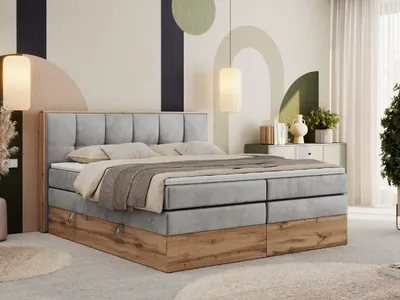 Produktbild von MKS MEBLE Boxspringbett, Doppelbett mit zwei Multipocket-Matratzen ALBERO 1 KING, Bettkästen und Kopfteil, Holzkiste in Wotan-Eichenfarbe - 200x200 cm - H4 - Hellgrau Velvet